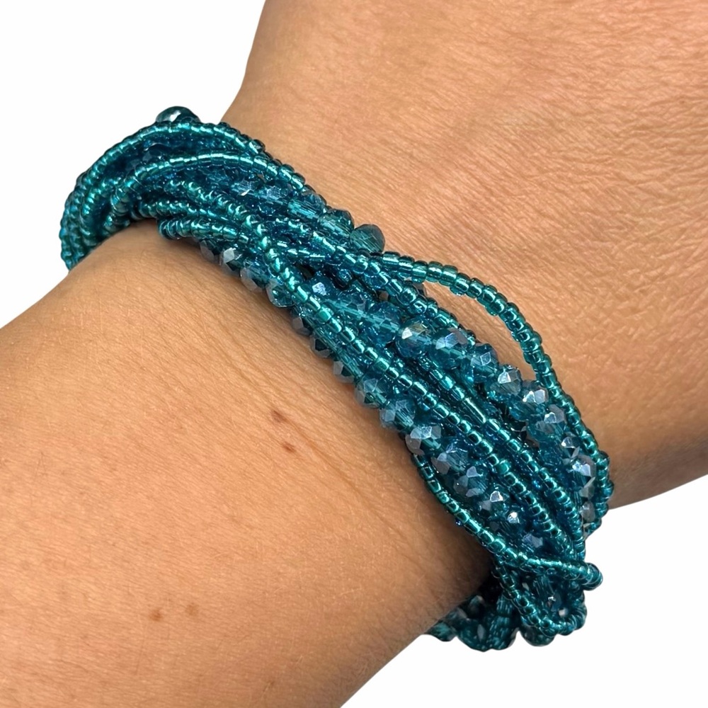 Teal Crystal Beaded Bracelet Multi Strand Clear Rhinestone Magnetic Clasp Blue
